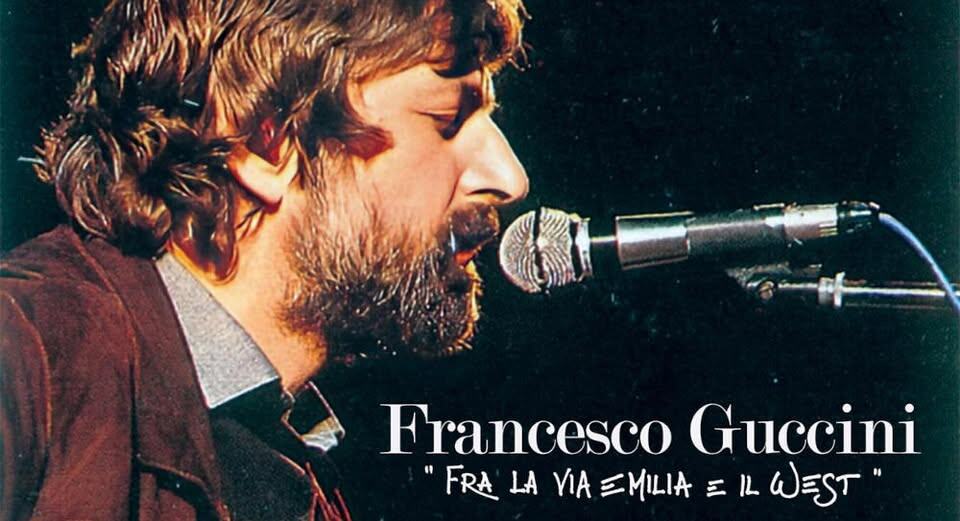 Francesco Guccini – Fra la Via Emilia e il West Potrebbe essere un'immagine raffigurante il seguente testo "Francesco Guccini "FRA LA YIA EMILIA FRALAMAEMLAELWEST LاE IL WEST""
