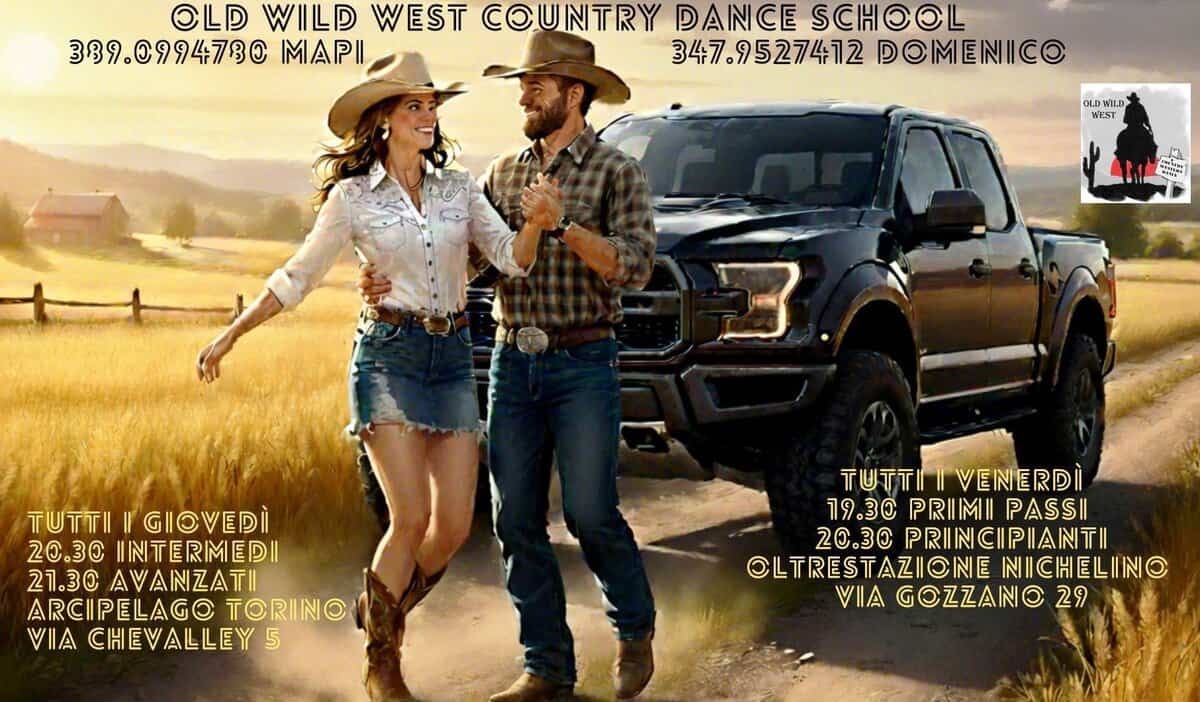 Potrebbe essere un'immagine raffigurante ‎auto, jeep, strada e ‎il seguente testo "‎OLD WILD WEST COUNTRY DANCE INICESCHOOL SCH 339. 339.0994730 MAPI 347.9527412 347.9527412DOMENICO DOMENICO OLD OLDWILDX WILD WEST لجر 미유원 3. TUTTI GIOVEDI 20.30 INTERMEDI 21.30 AVAINZATII ARCIPELAGO ARCIPELAGOTORIN® TORINO CHEVALLEY TUTTIIVENERDI 19.30 PRIMI 19.30PRMIPASSI PASSII 20.30 PRINCPIANTI OLTRESTAZIONE @LTRESTAZIONENICHELING NICHELIN VIA GOZZANO 29‎"‎‎