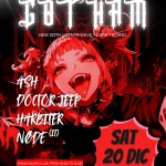 GOTHAM: NEW GOTH & INDUSTRIAL TECHNO NIGHT Potrebbe essere un'illustrazione raffigurante il seguente testo "พ 王王 NEW GOTH SYNTH WAVE DARK TECHNO ASH DOCTORJEER HARBLIER NODE NODE GRINDHOUSE CLUB, FROM 23:00 T04:00 TO 04:00 SAT 20DIC 20 DIC"