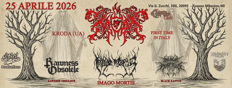 Potrebbe essere un'immagine raffigurante il seguente testo "25 APRILE 2026 KRODA KRODA(UA) (UA) FIRST TIME IN ITALY MORE MOREGUESTS GUESTS T.B.A. Wις ል ViaG. G. Zucchi, 39G, 39G,20095 20095 Via Productions Cusano Milanino-MI"