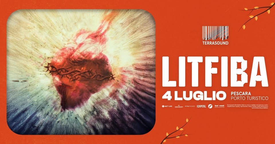 Litfiba – 04.07.26 – Pescara, Porto Turistico – TERRASOUND FESTIVAL Potrebbe essere un'immagine raffigurante testo
