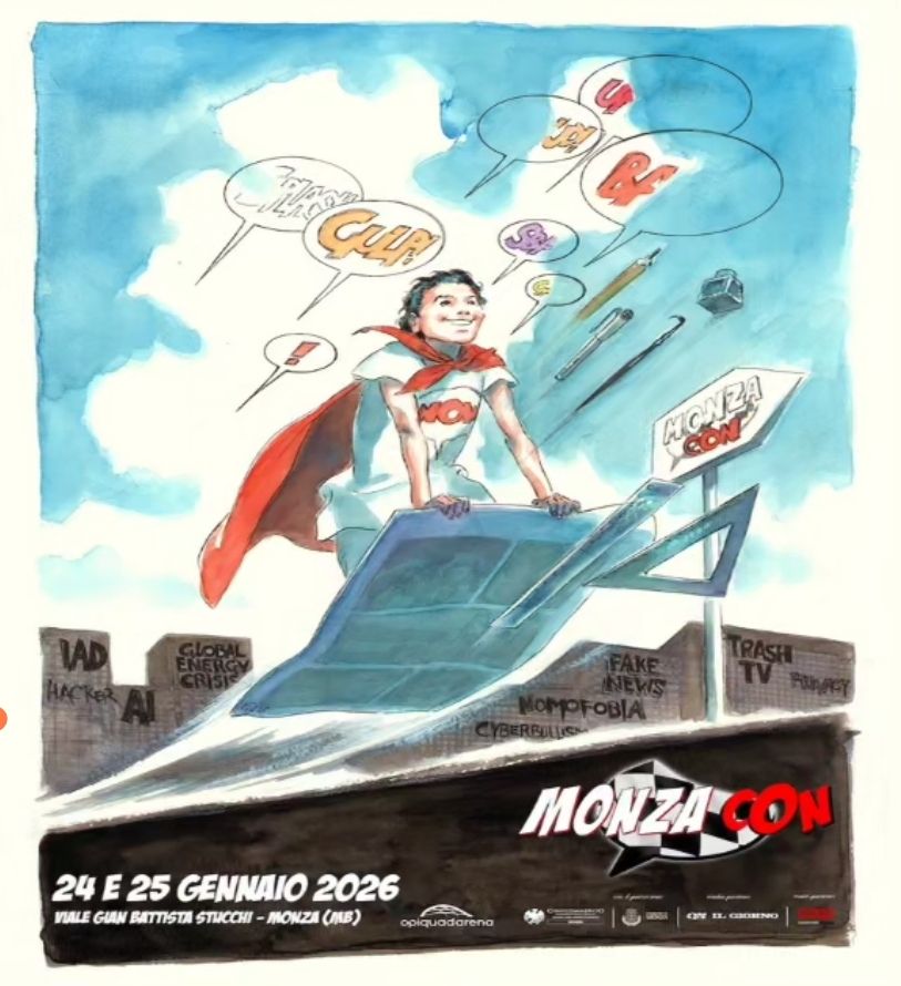 MonzaCon Winter Edition 2026 Potrebbe essere un'illustrazione raffigurante il seguente testo "ک_د_امم ተንትትንታዊ د MMONZA CON Pi OlzY HADS 24 24E25 24E25GENNAIO20 E 25 GENNAIO 2026 H VIALE GIAN BATTISTA STUCCHI MONZA (MB) opiquadarena arena"