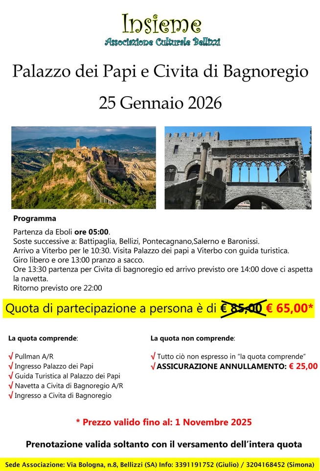 Evento Palazzo dei Papi e Civita di Bagnoregio 25 Gennaio 2026 Locandina Palazzo dei Papi e Civita di Bagnoregio 25 Gennaio 2026 - domenica 25 gennaio ore 04:45 - 22:00