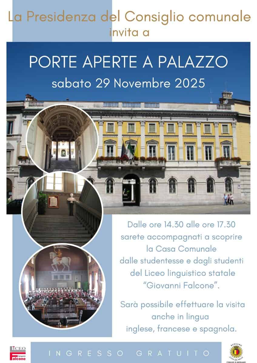 Porte aperte a Palazzo Potrebbe essere un'immagine raffigurante l'Arno e il seguente testo "La Presidenza del Consiglio comunale invita a PORTE APERTE A PALAZZO sabato 29 Novembre 2025 LIFEIEAE PASEESMELL መበበህ IsAu Dalle ore 14.30 alle ore 17.30 sarete accompagnati α scoprire la Casa Comunale dalle studentesse e dagli studenti del Liceo linguistico statale "Giovanni Falcone". Sarà possibile effettuare la visita anche in lingua inglese, francese e spagnola. ICEO - alcone INGRESSO IN GRATUITO"