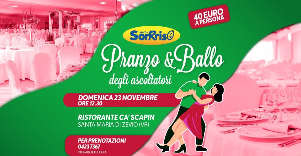 Evento Pranzo degli ascoltatori Ca’ Scapin, Santa Maria di Zevio, Verona Locandina Pranzo degli ascoltatori Ca’ Scapin, Santa Maria di Zevio, Verona - domenica 23 novembre ore 12:30 - 14:30