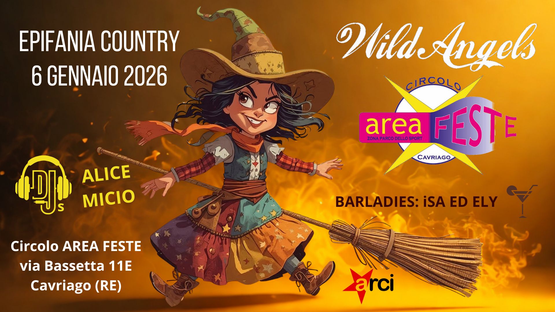 Reggio Emilia country, EPIFANIA ad AREA FESTE Potrebbe essere un disegno raffigurante il seguente testo "EPIFANIA COUNTRY 6 GENNAIO 2026 WildAngels Angels Wilde GIRCOLO area ZONA ZDNAPARCOD SPORT SPORT FEST CAVRIAGO ကု ALICE MICIO Circolo AREA FESTE via Bassetta 11E (RE) BARLADIES: iSA ED ELY Cavriago arci"