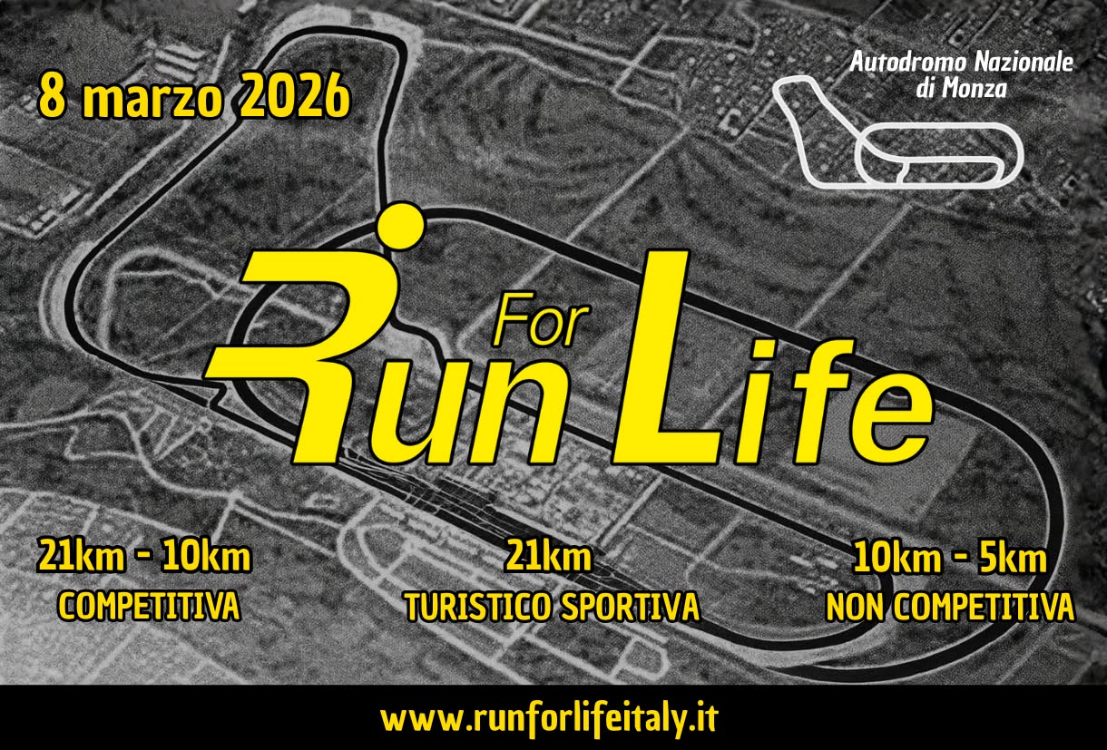 Potrebbe essere un'immagine raffigurante il seguente testo "8marzo2026 8 marzo 2026 Autodromo Nazionale di Monza BunLife Bun For Life ife 21km 21km-10kn 10km 21km 10km 5km COMPETITIVA TURISTICOSPORTIVA TURISTICO SPORTIVA NON COMPETITIVA www.runforlifeitaly.it"