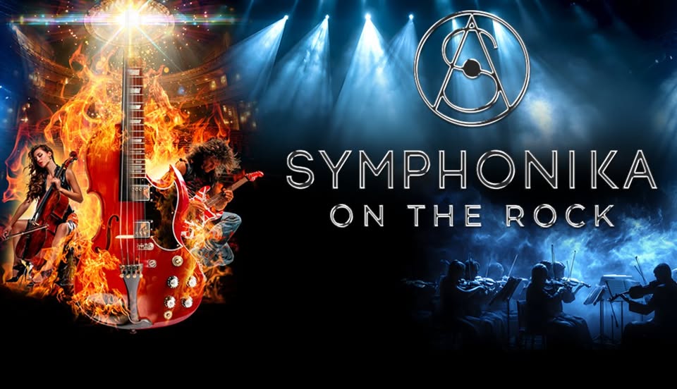 Symphonika on the Rock Potrebbe essere un'immagine raffigurante danza, sassofono, violino, tromba e il seguente testo "S SYMPHONIKA ONTHEROCI ON THE ROCK"