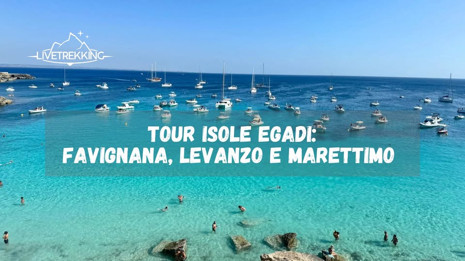TOUR SULLE ISOLE EGADI: FAVIGNANA, LEVANZO E MARETTIMO Potrebbe essere un'immagine raffigurante barca, spiaggia e il seguente testo "LINVETREKKING LIVETREKKING TOUR ISOLE EGADI: FAVIGNANA, LEV LEVANZO E MARETTIMO"