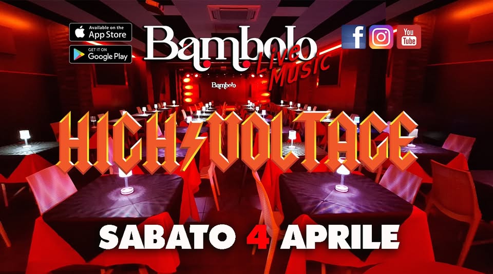 AC DC High Voltage Tributo Full Band Potrebbe essere un'immagine raffigurante il seguente testo "Avail Αν lab vailableont s eo App Store Google Play Bambolo পিঠগাড় fo f You Tube GETITON GooglePlay ITON Bambnto HICHDOLTAGE VOLTACE HICHT SABATO 4 APRILE"