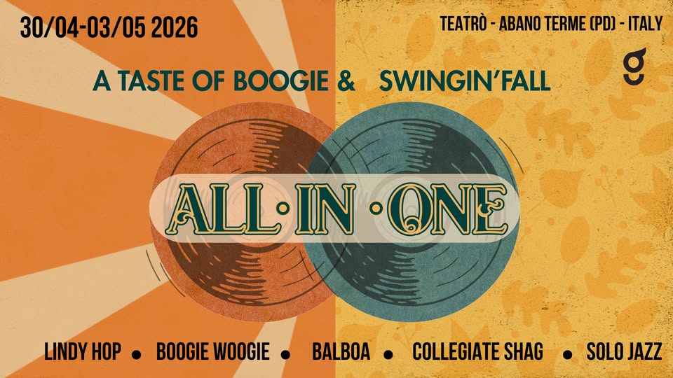 Potrebbe essere un'immagine raffigurante ‎sassofono e ‎il seguente testo "‎30/04-03/05 2026 A TASTE OF BOOGIE & TEATRÒ ABANO TERME -נכום) ITALY g SWINGIN'FALL ALLIN ALLINONE IN .ONE LINDY HOP BOOGIE WOOGIE BALBOA COLLEGIATE SHAG SOLO JAZZ‎"‎‎