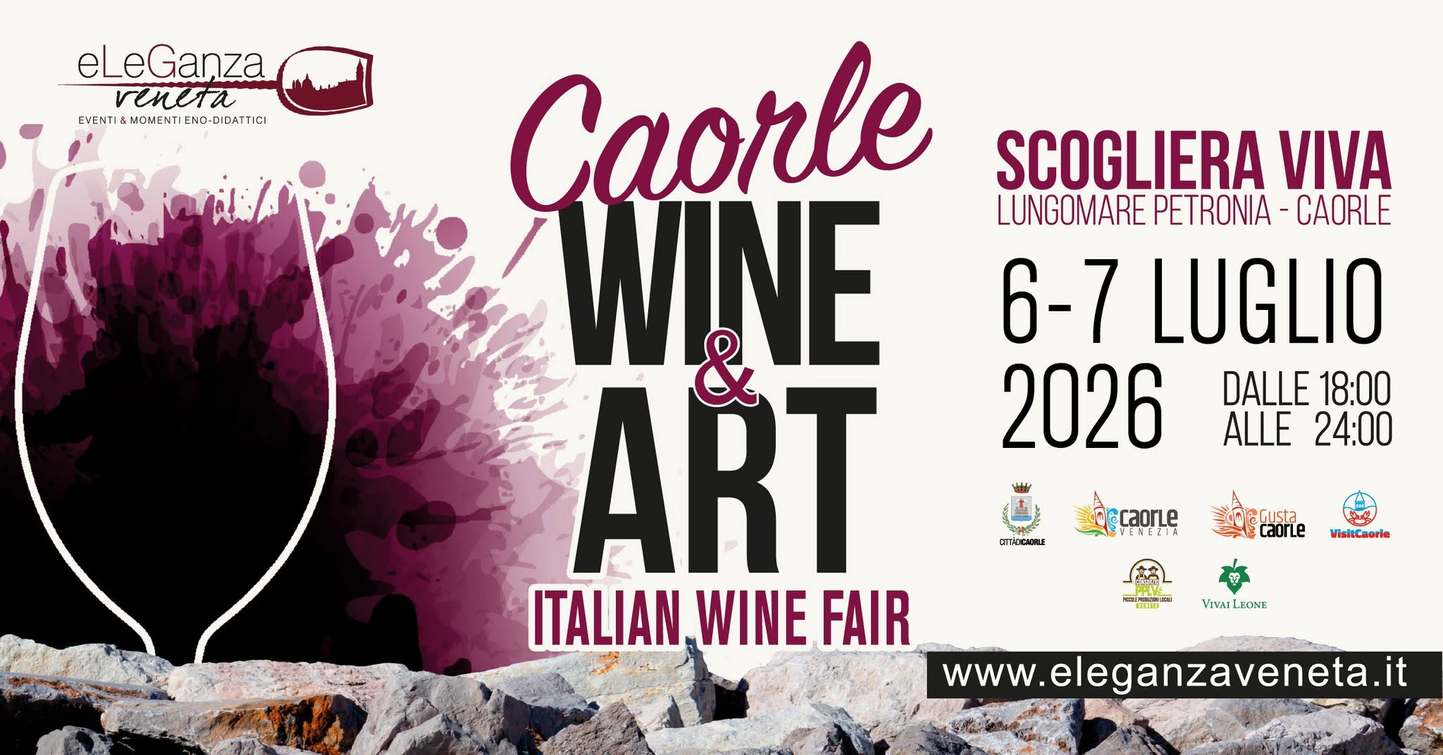 Evento Caorle Wine & Art 2026 Locandina Caorle Wine & Art 2026 - da lunedì 6 luglio - martedì 7 luglio 2026 ore 18:00 ore 23:45