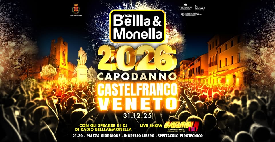 Capodanno a Castelfranco Veneto (TV) con Radio Bellla & Monella Potrebbe essere un'immagine raffigurante folla, Piazza di Spagna e testo