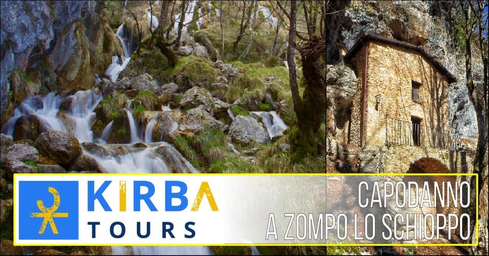 Capodanno a Zompo lo Schioppo Potrebbe essere un'immagine raffigurante il seguente testo "*KIRBA KIRBA K TOURS CAPODANNO A ZOMPO LO SCHIOPPO"