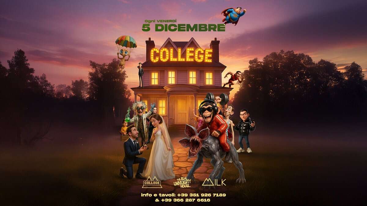 COLLEGE PARTY TORINO @MILK! Il Venerdì Universitario! 05/12! Reggaeton & Commercial! Potrebbe essere un'immagine raffigurante il seguente testo "Ogni VENERDI DICEMBRE COLLEGE COLLEGE LLEGE ፕብኒዲ UNNEE ERSTY MILK info tavoli: infoetavoli:+393519267189 +39 351 926 7189 &+393662876616 & +39 366 287 6616"