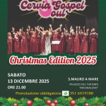 CONCERTO GOSPEL CON I CERVIA SOUL GOSPEL Potrebbe essere un'immagine raffigurante il seguente testo "Cervie Sulpel Corvrd-Cospel out Christmas Edition 2025 SABATO 13 DICEMBRE 2025 ORE 21.00 S.MAURO A MARE Prenotazione obbligatoria PALAZZO DEL TURISMO "ARCOBALENO" 351 6419188 f Cervia Gospel Soul"
