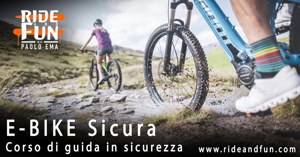 E-BIKE Sicura! Corso di Guida in Sicurezza Potrebbe essere un'immagine raffigurante bicicletta e il seguente testo "RIDE FUN PAOLO PAOLOEMA EMA EMA M ኢግስካት ት E-BIKE Sicura Corso di guida in sicurezza www.rideandfun.com wWW"