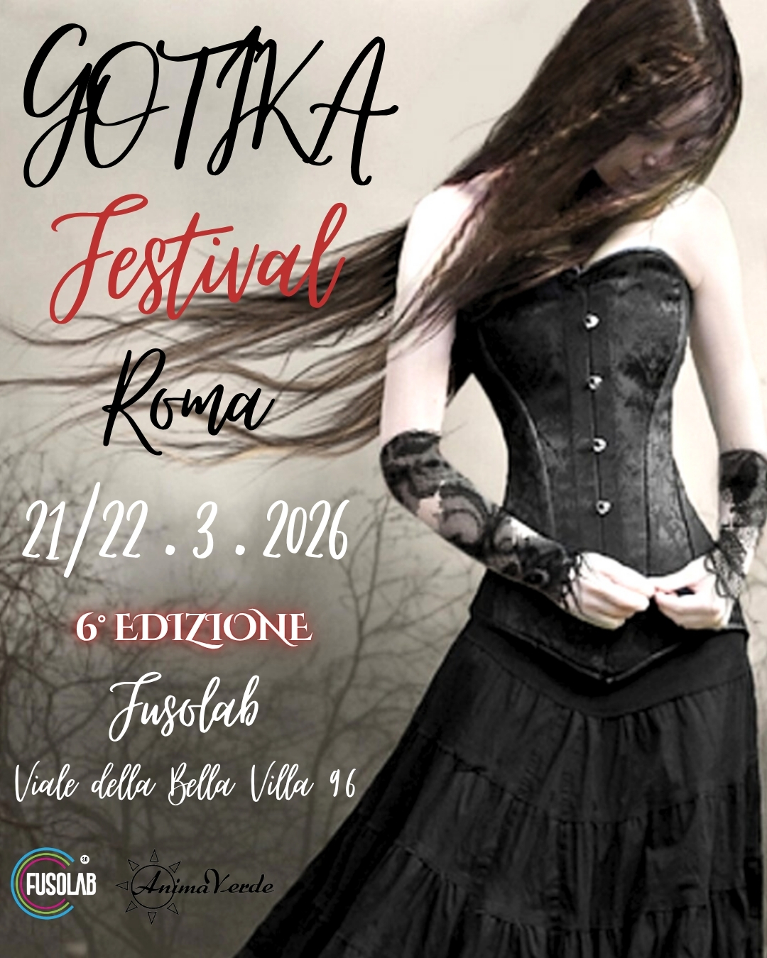 Gotika Festival Roma 2026 🦇 6° Edizione Potrebbe essere un'immagine raffigurante il seguente testo "GOTIKA Festivab Roma 21/22.3.2026 2026 21/22.3 .3.2026 6EDIZIONE Fusolab Viale della Bella Villa 96 96 ® FUSOLAB"