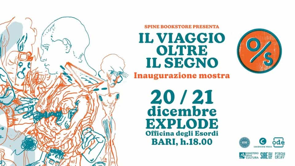 Potrebbe essere un'immagine raffigurante il seguente testo "SPINE PRESENTA IL VIAGGIO OLTRE IL SEGNO Inaugurazione mostra %/ 20/ /21 21 dicembre EXPLODE Officina degli Esordi BARI, h.18.00 Da COCOMINO cocoMuHo PREち５ MINISTERO STERO STERO CULTL URA URA E IA難 開如"