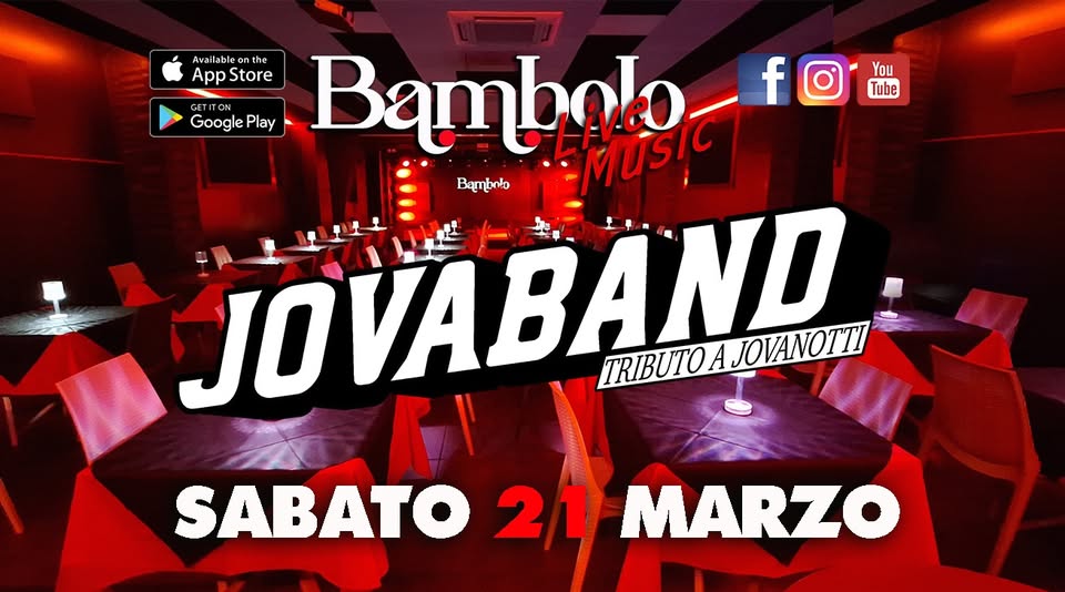 JOVABAND Tributo a Jovanotti Potrebbe essere un'immagine raffigurante il seguente testo "You Tube Avail eo Αν vailableont the App Apps AppStore Store GETITON Google Play Bambnlo បឺទ1 f Bambnto JOVABAND TRIBUTOA A TRIBUTOAJOIANOTI! JOVANOTTI EN SABATO 21 MARZO"