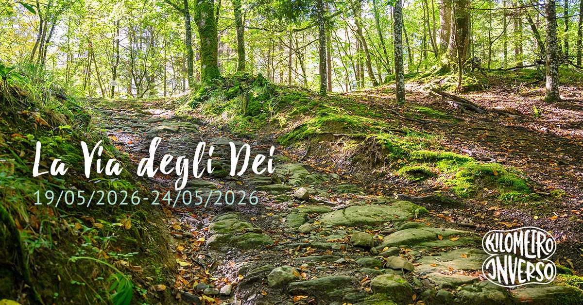La Via degli Dei Potrebbe essere un'immagine raffigurante il seguente testo "La Via deglt Dei 19/05/2026-24/05/2026 19/05/2026- -24/05/2026 2026 CILOMEIRO あ INVERSO"