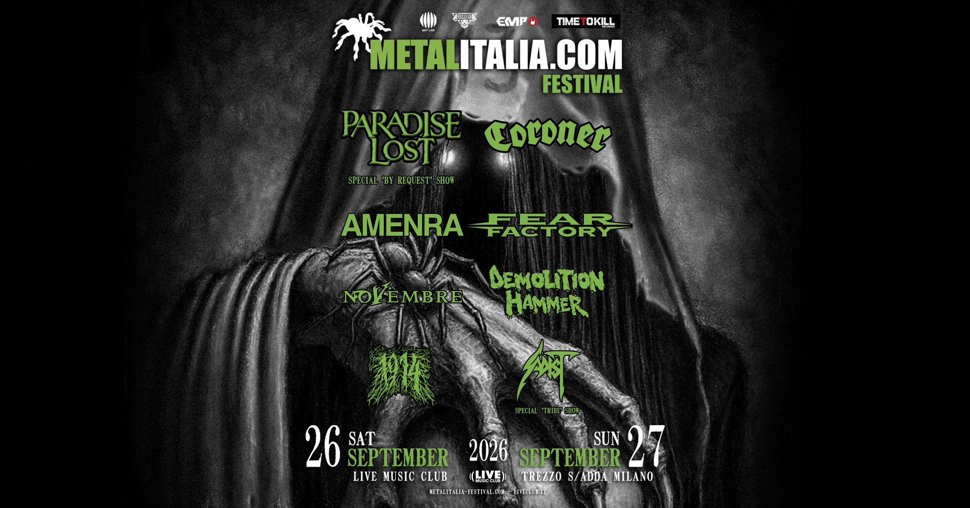 Metalitalia Festival 2026 Potrebbe essere un'immagine raffigurante il seguente testo "EMPO TIME OKILL METALITALIA.COM COM FESTIVAL 26 SAT SEPTEMBER 2026 SUN SEPTEMBER SEPTEMBER27 27 LIVE MUSIC CLUB ((LIVE) TREZZOS/ADDAMILANO TREZZO S/ADDA MILANO NETALITALIA-EESTIVAL,.COM METALITALIA HETALTALA-ESTVAL.COK-LIELUAT LIVECLUBIT"