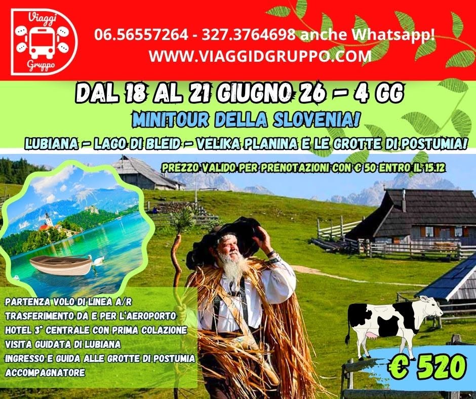 Evento Minitour Slovenia Tra Fiori, Pascoli E Draghi! Locandina Minitour Slovenia Tra Fiori, Pascoli E Draghi! - giovedì 18 giugno ore 08:00 - 10:00