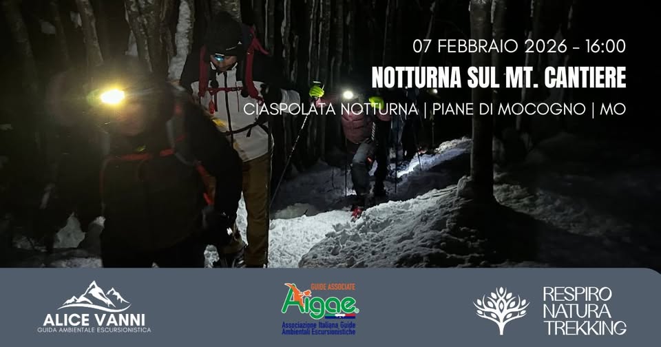 Notturna a Monte Cantiere Potrebbe essere un'immagine raffigurante pista da sci e il seguente testo "07 FEBBRAIO 2026- 16:00 NOTTURNA SUL MT. CANTIERE CIASPOLATA NOTTURNA PIANE DI MOCOGNO MO සකතන ALICE ALICEVANNI VANNI UIDA QUIDA QUIDAWBIENTALEESCURSIONISTICA AMBIENT EESCURSIONISTICA Aigae GUIDE ASSOCIATE RESPIRO NATURA TREKKING"