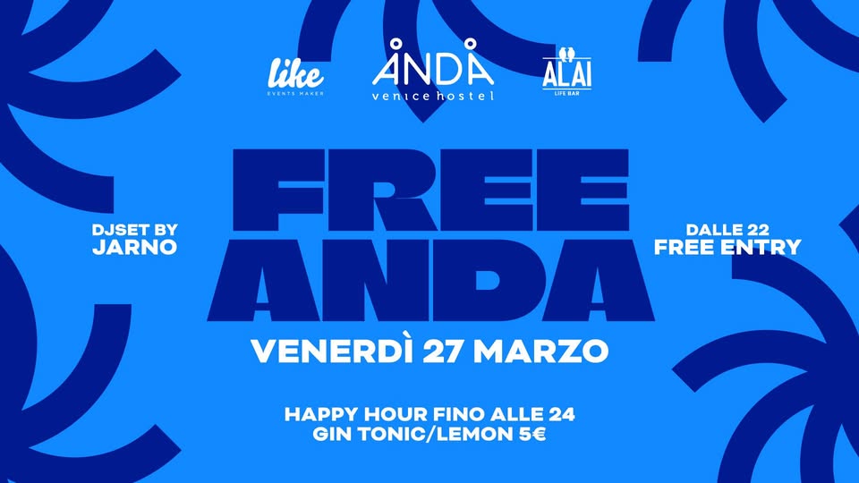 OGNI VENERDI’ – Anda Venice Hostel Mestre – FREE ENTRY Potrebbe essere un'immagine raffigurante il seguente testo "like EVENT EVENTAMAN ANDA venicehostel venice hostel ALAI LIFEDAR DJSET BY JARNO FREE DALLE 22 ANDA FREE ENTRY VENERDÌ 9 GENNAIO HAPPY HOUR FINO ALLE 24 RUM COLA 5€"