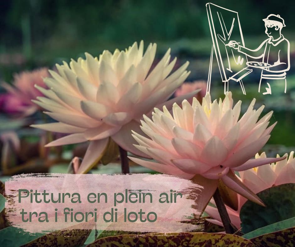 Pittura en plein air tra i fiori di loto Potrebbe essere un'immagine raffigurante il seguente testo "Pittura en plein air tra i fiori di loto"