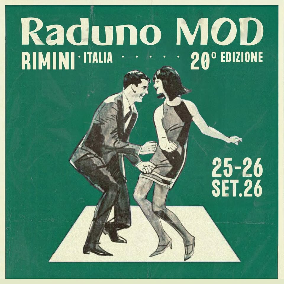 RADUNO MOD ITALIANO 2026 (Il Ventennale) Potrebbe essere un'immagine raffigurante il seguente testo "Raduno MOD CATTOLICA (RN) ITALIA 20° EDIZIONE D noAиapи 25-26 SET.26 1s"