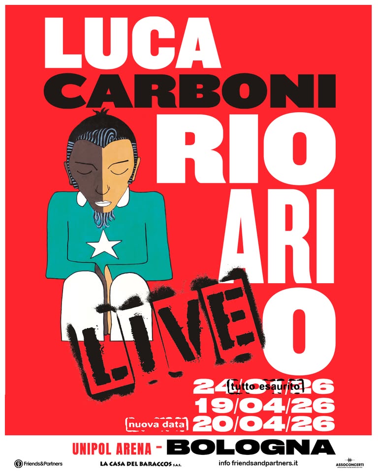 RIO Ari O LIVE – Luca Carboni 20/04/2026 Unipol Arena Bologna Potrebbe essere un disegno raffigurante testo