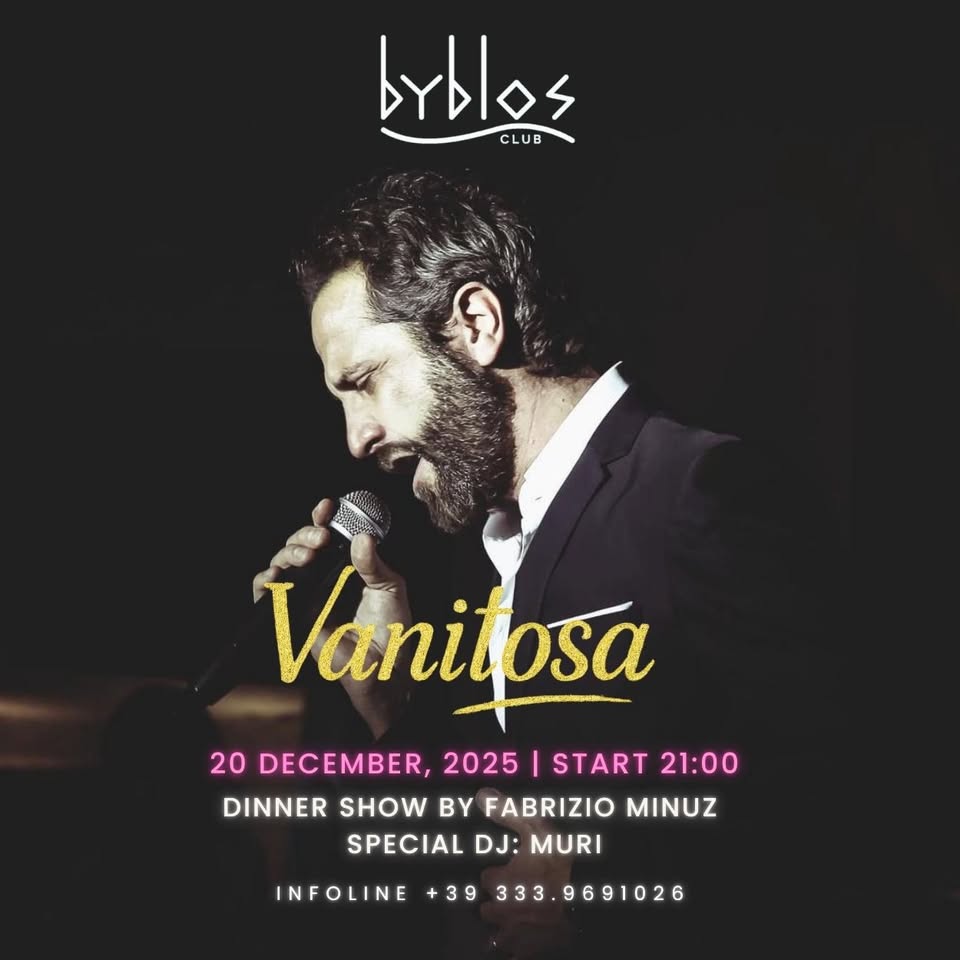 💄 Vanitosa 🌟 Show Dinner Potrebbe essere un'immagine raffigurante il seguente testo "brblos CLUB ن Vanitosa 20 DECEMBER, 2025 START 21:00 DINNER SHOW B FABRIZIO MINUZ SPECIAL DJ: MURI INFOLINE +39 333.9691026"