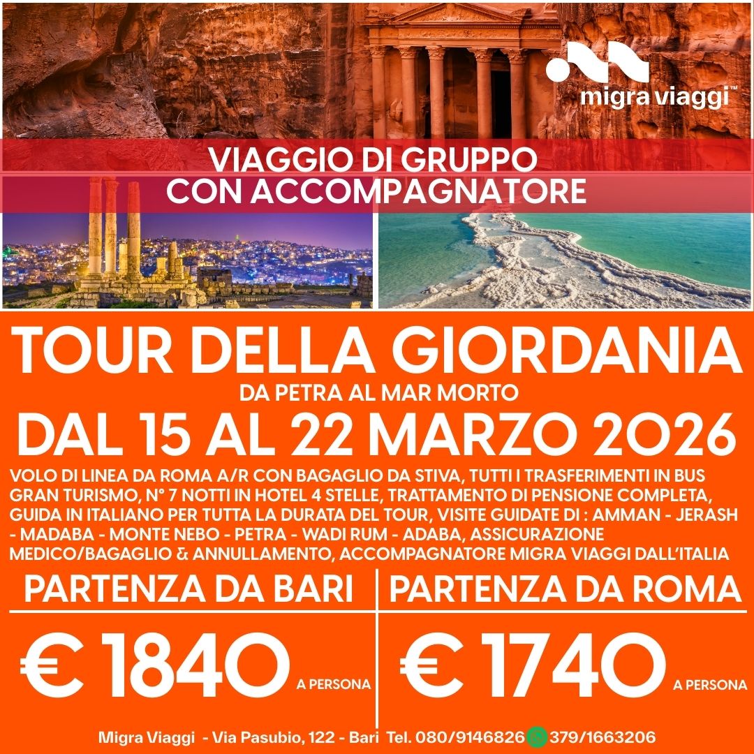 VIAGGIO DI GRUPPO IN GIORDANIA: Da Petra al Mar Morto 🇯🇴 Potrebbe essere un'immagine raffigurante il seguente testo "VIAGGIO DI GRUPPO CON ACCOMPAGNATORE migra migraviaggi viaggi TOUR DELLA GIORDANIA DA PETRA AL MAR MORTO SOLO €1790 ስመዊ PERSONA DAL 15 AL 22 MARZO 22MARZO202 2026"