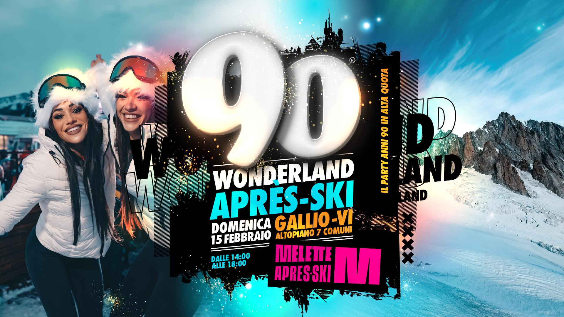 Potrebbe essere un contenuto grafico raffigurante ‎il seguente testo "‎D ዐበስ ערבל NI 20 들 ANNI WONDERLAND 29D WONDE 安 APRES-SKI DOMENICA ALTOPIANO COMUNI GALLIO-V 15FEBBRAIO 15 nEETE APRESSKI B DALLE 14:00 ALLE 18：00‎"‎