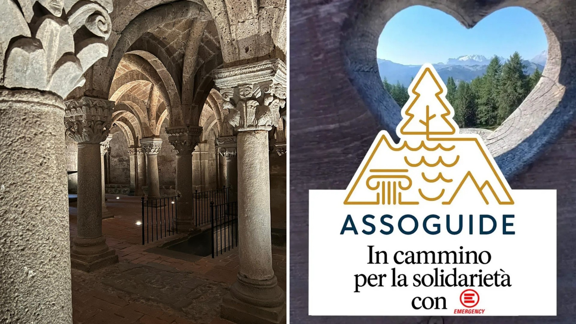 Alla scoperta di Acquapendente: i poggi, la cripta, i murales! Potrebbe essere un'immagine raffigurante monumento e il seguente testo "A ရူာဟာလ ASSOGUIDE In cammino per la solidarietà con 目 EMERGENCY"