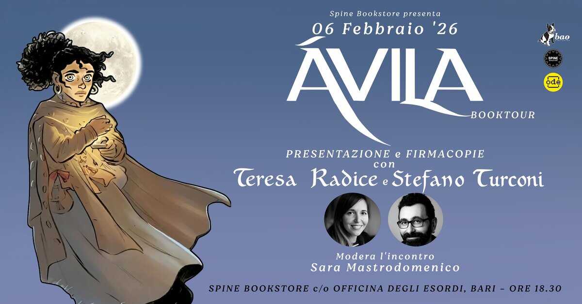 Potrebbe essere un'immagine raffigurante il seguente testo "Spine SpineBookstorepresenta Bookstore presenta 06 Febbraio 26 bao ode BOOKTOUR PRESENTAZIONE PRESENTAZIONE@FIRMACOPIE e FIRMACOPIE Teresa eresaRadice.Stefano con Radice eStefano Turconi Modera l'incontro Sara Mastrodomenico SPINE BOOKSTORE c/o OFFICINA DEGLI ESORDI, BARI ORE 18.30"