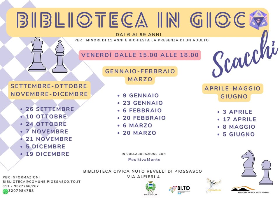 Evento Biblioteca In Gioco Scacchi Locandina Biblioteca In Gioco Scacchi - da venerdì 9 gennaio - venerdì 5 giugno 2026 ore 15:00 ore 18:00