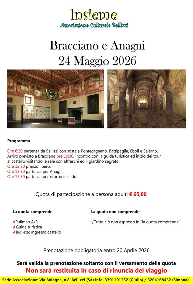 Evento Bracciano ed Anagni 29 Marzo 2026 Locandina Bracciano ed Anagni 29 Marzo 2026 - domenica 24 maggio ore 05:00 - 22:30