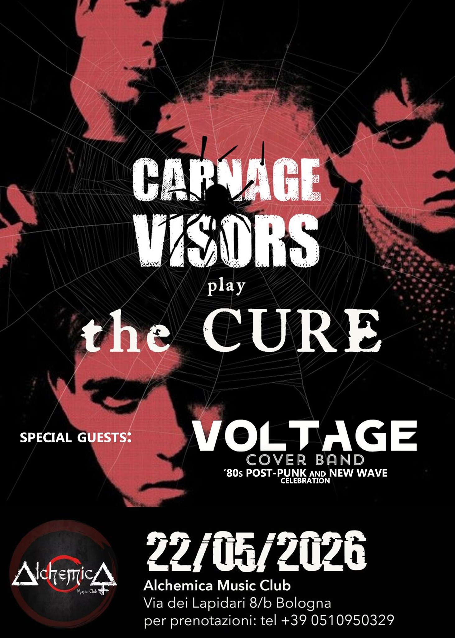 Potrebbe essere un'immagine raffigurante ‎il seguente testo "‎CAPNAGE E 3 มลช VISORS جانانية "เปิ่ play the CURE A Δ 本0子 22/05/2026 22/05 2026 Alchemica Music Club Via dei Lapidari 8/b Bologna per prenotazioni: te +39 0510950329‎"‎