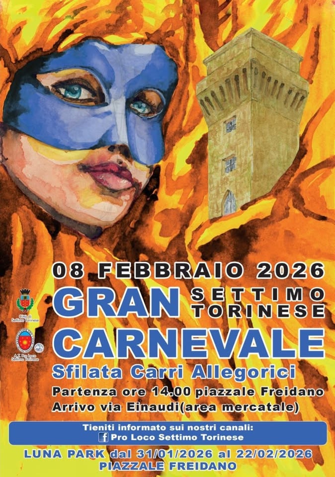 Evento Carnevale 2026. Sfilata dei carri Locandina Carnevale 2026. Sfilata dei carri - domenica 8 febbraio ore 14:00 - 16:00