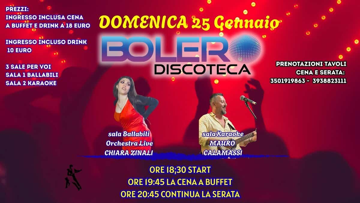 Potrebbe essere un'immagine raffigurante il seguente testo "PREZZI: INGRESSO INCLUSA CENA A BUFFET E DRINK A 18 EURO INGRESSO INCLUSO DRINK 10 EURO 3 SALE PER νο SALA: BALLABILI SALA 2 / 25 Gennaio BOLER DISCOTECA PRENOTAZIONI TAVOLI CENA SERATA: 3501919863- 3501919863-3938823111 3938823111 salaBallabili sala Ballabili Orchestra Live CHIARA CHIARAZINALI ZINALI salaKaraoke MAURO CALAMASSI ORE 18;30 START ORE 19:45 LA CENA A BUFFET ORE 20:45 CONTINUA LA SERATA"