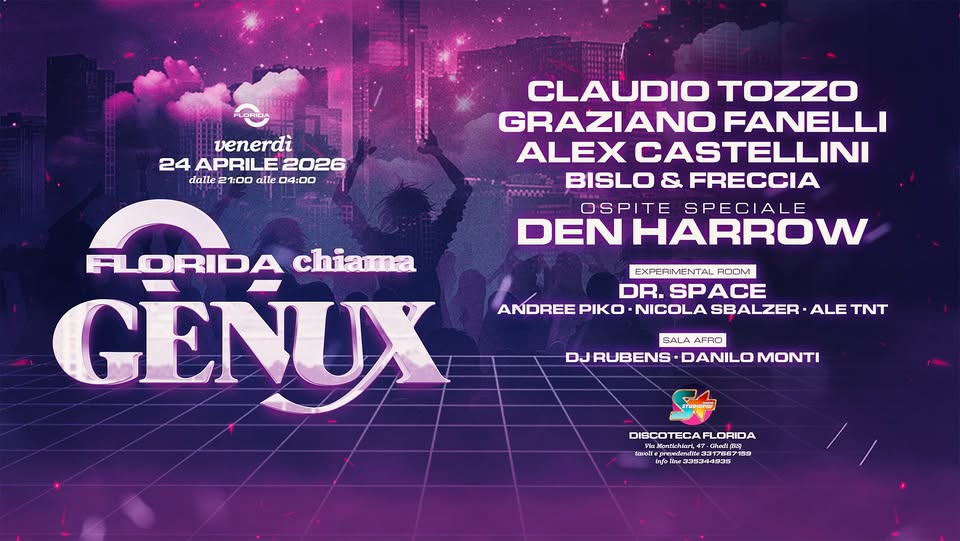 Potrebbe essere un contenuto grafico raffigurante il seguente testo "FLORIDA FLORIDA chiama venerdì GENUX 24 APRILE 2026 dalle 2 21:00 alle 04:00 STUDIOPIG SAGN DISCOTECA DISCOTECAFLORIDA FLORIDA Montichiarl, 47- Ghedi (BS) tavoli revedendite endite tanoieprevedendite317667159 331 331766 7159 info line 335344936"