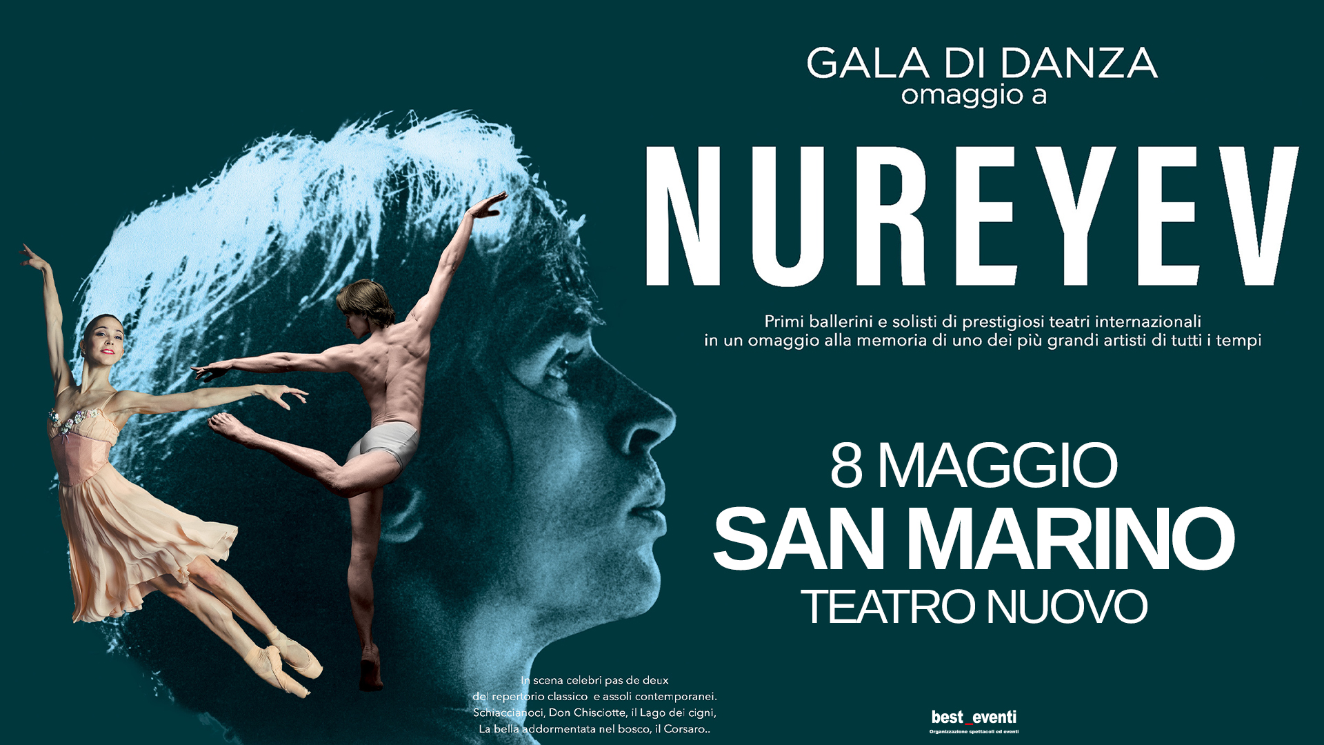 Galà di danza – Omaggio a Rudolf Nureyev – 08.05.2026 – San Marino, Teatro Nuovo Potrebbe essere un'illustrazione raffigurante testo
