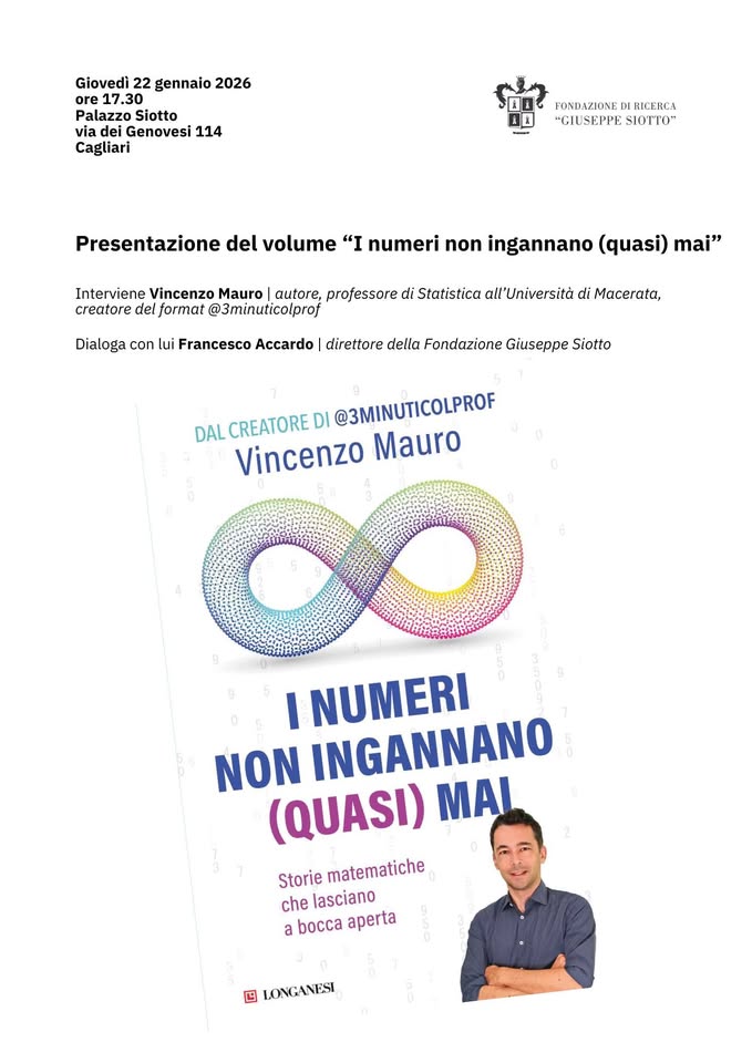 Evento I numeri non ingannano (quasi) mai – presentazione del libro di Vincenzo Mauro (@3minuticolprof) Locandina I numeri non ingannano (quasi) mai – presentazione del libro di Vincenzo Mauro (@3minuticolprof) - giovedì 22 gennaio ore 17:30 - 19:30