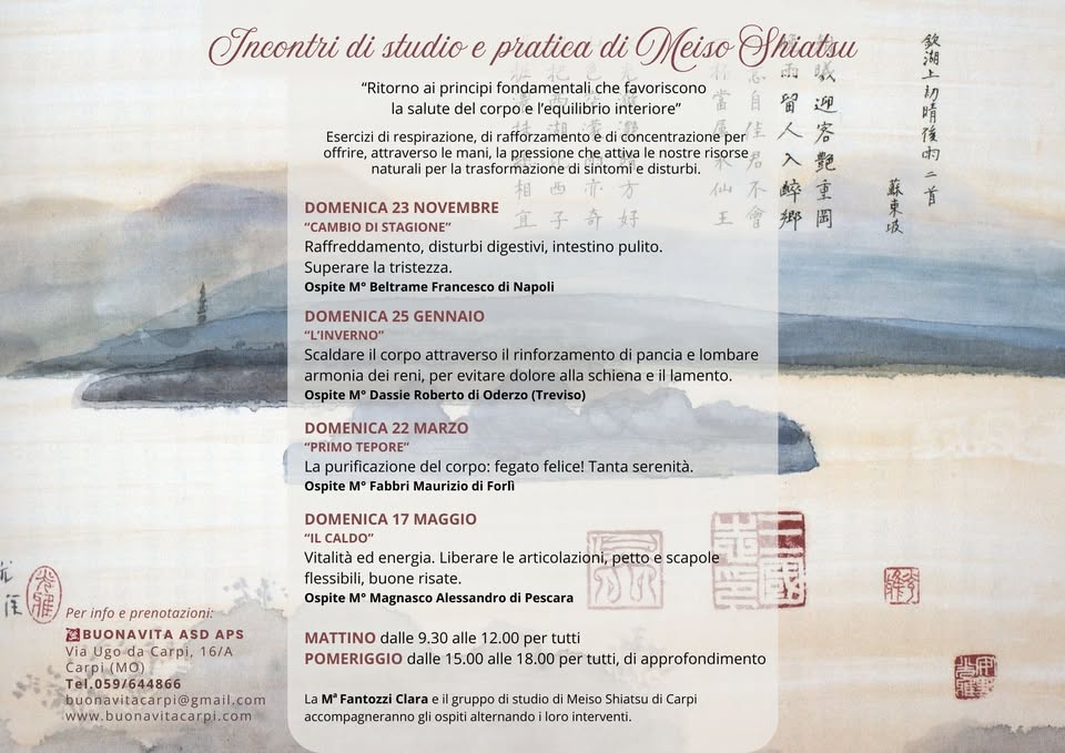 INCONTRI DI STUDIO E PRATICA DI MEISO SHIATSU Potrebbe essere un'immagine raffigurante testo