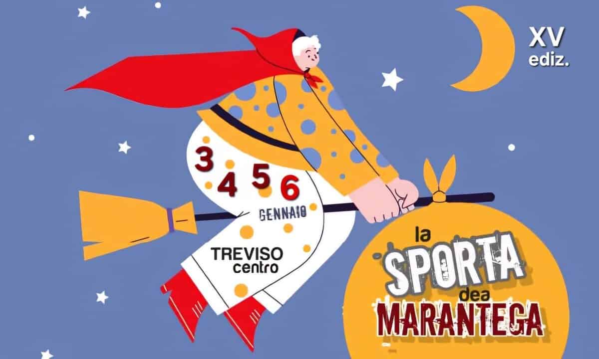 la Sporta dea Marantega – XV ediz Potrebbe essere un disegno raffigurante il seguente testo "XV ediz. 31 56 3456 5 6 GENNAI8 TREVISO centro SPORTA la dea MARANTEGA"