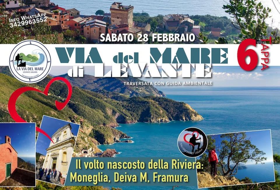 🥾 La Via del Mare di Levante / Tappa nr 6 – Il volto nascosto della Riviera: Moneglia – Framura Potrebbe essere un'immagine raffigurante Camogli e il seguente testo "INFO 3429963552 WHATSAPP SABATO28FEBBRAIO SABATO 28 FEBBRAIO MA LMAARE6 del LAVIADELMARE LA VIA DEL MARE MARE 6 APP LEVANTELNURIA .0 ٢ di TRAVERSATA CON GUIDA AMBIENTALE ALE fa SMO OU Il volto nascosto della Riviera: Moneglia, Deiva M, Framura"
