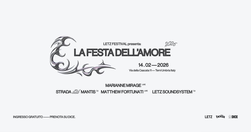 Evento Letz Festival presenta LA FESTA DELL’AMORE 2026 Locandina Letz Festival presenta LA FESTA DELL’AMORE 2026 - sabato 14 febbraio ore 11:00 - 13:00