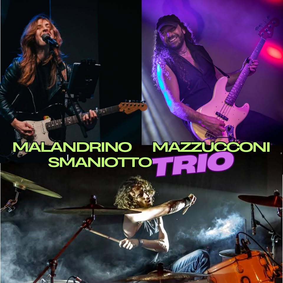 Malandrino – Mazzucconi – Smaniotto TRIO Potrebbe essere un'immagine raffigurante chitarra, piatto e il seguente testo "ام MAL MALANDRINO MAZZUCCONI SMANIOTTO SMANIOTTOTRIO TRIO"